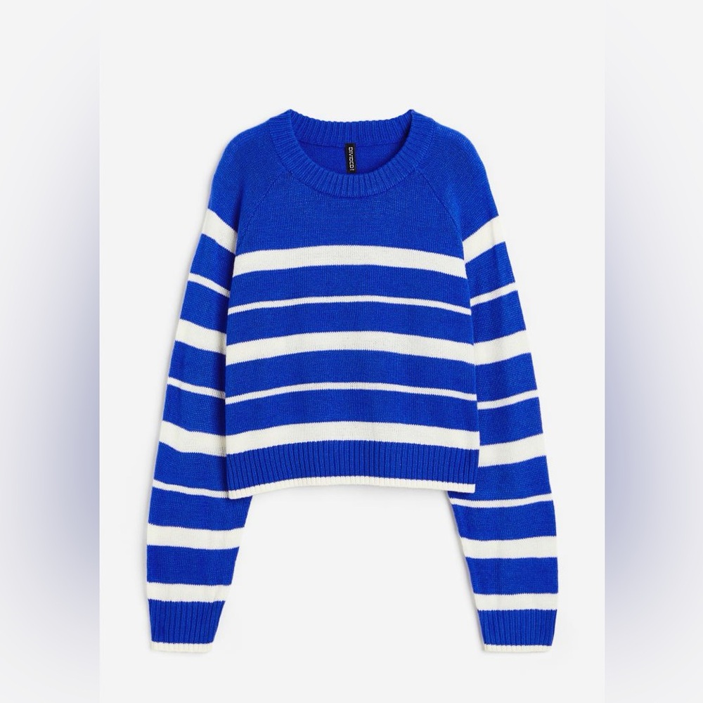 Short blue and white striped sweater in size small